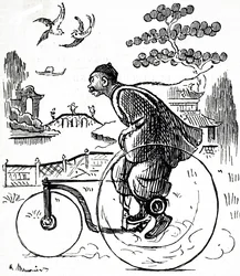 En tegneserie som viser en kinesisk mann som sykler på en trehjulssykkel gjennom en park i Kina. Illustrert George du Maurier (1834-1896), en fransk-britisk tegneserieskaper og forfatter