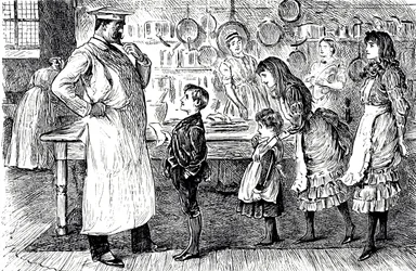 En tegneserie som viser en kokk som tar bestillinger fra barna i huset. Illustrert av George du Maurier (1834-1896), en fransk-britisk tegneserieskaper og forfatter