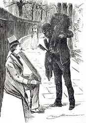En tegneserie som viser en skorsteinsfeier som bærer børstene hans gjennom Londons gater. Illustrert av George du Maurier (1834-1896), en fransk-britisk tegneserieskaper og forfatter