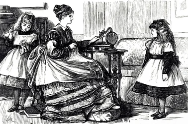 En tegneserie som viser en ung mor som bruker en symaskin. Illustrert av George du Maurier (1834-1896), en fransk-britisk tegneserieskaper og forfatter