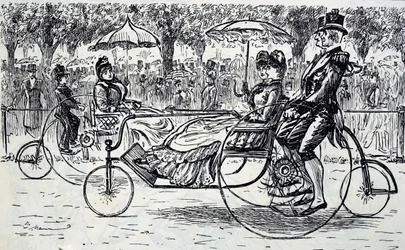 En gravering som viser passasjerer som sykler i sykkelvogner. Illustrert av George du Maurier (1834-1896), en fransk-britisk tegneserieskaper og forfatter