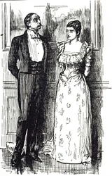 Georges du Maurier tegneserie som illustrerer en mann og kvinne i samtale ved et samfunnsarrangement, England 1891