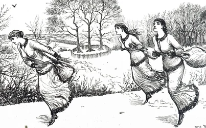 Illustrasjon som viser jenter som setter sporet for hare og hunder