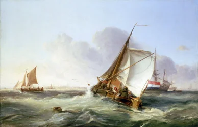 En boeier (nederlandsk kommersiell seilbåt) i vinden. Olje på lerret