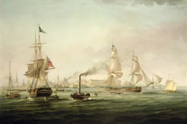 Utsikt over havnen i Hull med Spartan (olje på lerret)