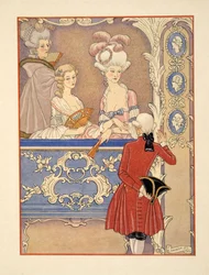 Cécile de Volanges og; Marquise Isabelle de Merteuil ved teatret, illustrasjon fra 'Les Liaisons Dangereuses' av Pierre Choderlos de Laclos (1741-1803) pub. 1934 (stensiltrykk)