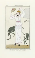 Design for hvit kjole med rosa kant og heklebelte, fra Costumes Parisien, pub.1912 (pochoir-trykk)