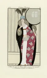 Design for kjole laget av Crepe de Chine og pelsfrakk, fra Costumes Parisien, pub.1912 (pochoir-trykk)