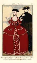 Kostymer til maskerade etter Longhi. Kvinne i damaskkjole med hvit kant, kappe av svart taft og blonder. Maskeradekostymer etter Longhi: damaskkjole med hvit kant, over hvilken en kappe av svart taft og blonder kastes. Håndkolorert pochoir