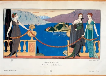 Motetallerken av Georges Barbier som viser damer i Redfern aftenkjole og Borromean Isola Bella i bakgrunnen det parisiske haute couture-tidsskriftet Gazette du Bon Ton