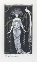 Stor aftenkjole i sølvbrokade. Blå parykk, emblemer, fra Costumes Parisiens, pub.1914 (stensiltrykk)