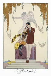 Høst, litografi av George Barbier (1882-1932), fra Falbalas et Fanfreluches, Almanach des Modes Presentes, Passees et Futures
