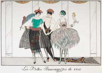 Les Belles Sauvagettes de 1920. Tre kvinner i rekke iført eksotiske kjoler.