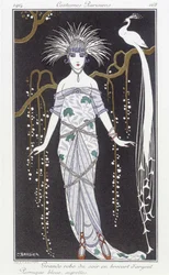 Sølvbrokade aftenkjole og parykk - Illustrasjon av George Barbier (1882-1932). i "" Journal des dames et des modes: Costumes Parisiens""