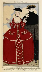 Kostyme etter Loghi: damaskkjole med hvit bord, over hvilken et omslag av svart taft og blonder kastes. Costumes Parisiens nr. 46. Kvinne i en rød kjole fra 1800-tallet med kremfargede blonder, svart hatt og hvit maske.
