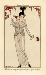 Kvinne i perlegrå dress og svart stråhatt. Håndkolorert pochoirtrykk etter en illustrasjon av George Barbier fra Tommaso Antonginis Journal des Dames et des Modes, Aux Bureaux du Journal des Dames et des Modes