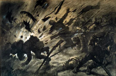 Virkningen av en granat om natten, april 1915. Tegning av Georges Scott, kalt Scott de Plagnolles (1874-1942), 1915 - Blekk på papir, gouachehøylys - Mål: 0,67 x 1,010 m - Paris, Musée de l