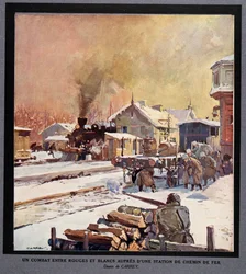 En kamp mellom den røde og hvite garde på en jernbanestasjon, fra Histoire des Soviets, utgitt 1922 (fargelitografi)