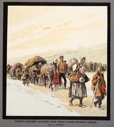 Utvandring av sultne mennesker fra hjemlandet, fra Histoire des Soviets, utgivelsesdato 1922 (fargelitografi)