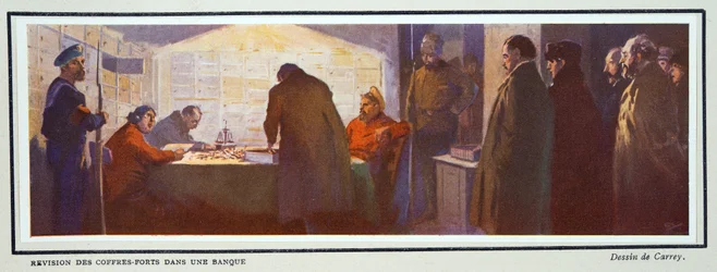 Inne i et bankhvelv under revolusjonen, fra Histoire des Soviets, utgivelsesdato 1922 (fargelitografi)