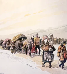 Sultende folkemengder forlater hjemlandet sitt, ca. 1924 (fargelitografi)