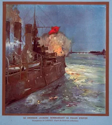 Krysseren Aurora skyter mot Vinterpalasset, fra Histoire des Soviets, utgitt 1922 (fargelitografi)