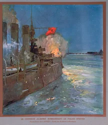 Krysseren Aurora bombarderer Vinterpalasset, ca. 1923–24 (fargelitografi)