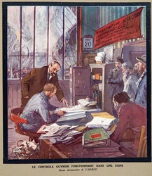 Arbeiderkontroll i drift i en sovjetisk fabrikk under revolusjonen i 1917, fra Histoire des Soviets, utgivelse 1922 (fargelitografi)