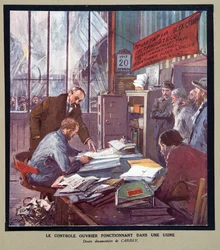 Arbeiderkontroll i drift i en sovjetisk fabrikk under revolusjonen i 1917, fra Histoire des Soviets, utgivelse 1922 (fargelitografi)