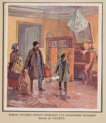 Arbeiderfamilie tar besittelse av en borgerlig leilighet, fra Histoire des Soviets, utgivelsesdato 1922 (fargelitografi)