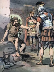 Gallia-krigen: "" Den galliske krigeren Vercingetorix fange i Jules Cesars romerske våpen i fengslene i Tullianum, 46 f.Kr." (Galliske kriger: Vercingetorix-fange i Mamertine-fengselet i Roma etter hans nederlag mot Julius Cæsar, 46 f.Kr.) I