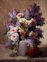 Stilleben med roser og syriner. Maleri av Georges Jeannin (1841–1925). Privat samling.