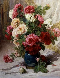 Stilleben av roser i en vase. Maleri av Georges Jeannin (1841–1925 fransk) Privat samling