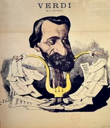 Karikatur av komponisten Giuseppe Verdi (1813-1901) ved Pilotell (1845-1918), mars 1869. Conservatoire National de Musique, Paris