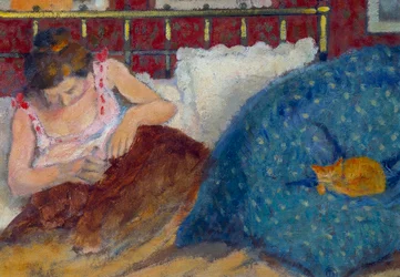I sengen eller Kvinne med katt, maleri av Georges Lemmen (1865-1916), 1900, Paris, Musée d