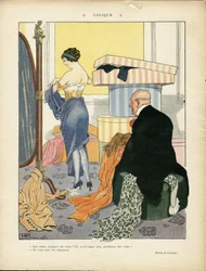 Illustrasjon av Georges Leonnec (1881–1940) i Le Lire, 06/07/12 - Logikk - Mote, Hatt, Interiørarkitektur, De rikes liv - Kvinner