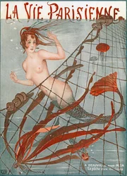 Havfrue fanget i et fiskegarn, illustrasjon fra quot;La Vie Parisiennequot;