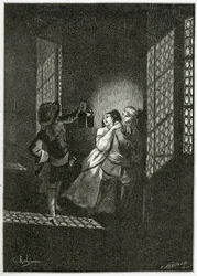 Elskerne Ethel og Ordener blir fanget av løytnant d'Alpheld - illustrasjon fra Han d'Islande, 1800-tallet (bw gravering)