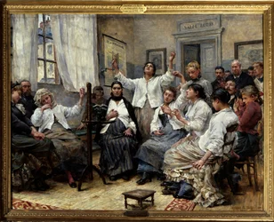 Veldedighetens fasciner (doktor Luys tjeneste). Scene på Hôpital de la Charite i Paris: pasienter med hysteri og andre psykiske lidelser blir overvåket av leger bakerst i rommet. På veggen en plakat om hypnosemetoder som behandling