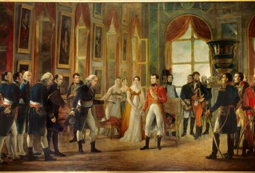 Napoleon I (1769-1821) mottok i Saint-Cloud Senatus-Consulte som utropte ham til keiser av franskmennene 18.05.1804 (bak keiserinnen Josephine, er hans datter Hortense og hennes svigerinne Marie-Annonciade, Caroline Bonaparte (1782-1839)). Je