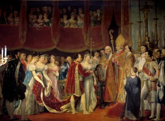 Religiøst ekteskap av Napoleon I (1769-1821) med erkehertuginne Marie Louise av Habsburg-Lorraine (1791-1847), 2/04/1810 i Salon carre du Louvre-maleriet av Georges Rouget (1783-1869) 1800-tallet søn. 3,67x4,94 m. - Religiøst ekteskap av Napoleon I (17