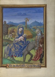 Flukten til Egypt fra en timebok Ms. 48 fol. 67, ca. 1480-90 (tempera, bladgull og blekk på pergament)