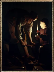 Sankt Josef som tømrer, Jesusbarnet holder et lys for å opplyse sin far Josef i arbeid. Maleri av Georges de La Tour (1593-1652), 1640, H. 1,07 x 1,02 m, Paris, Louvre-museet