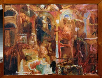 Cafe (Cafe) - Verk av Georgi Bogdanovich Yakulov (1884-1928), akvarell og hvitt på papir, russisk kunst, 1900-tallet, futurisme - Regionalt kunstmuseum, Kaluga (Russland)