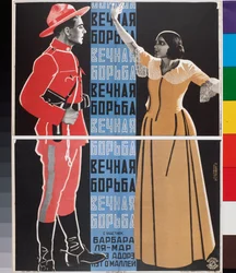 Filmplakat, ""The Eternal Struggle"" (filmplakat The Eternal Struggle) - Kunstverk av Georgi Avgustovich Stenberg (1900-1933), litografi