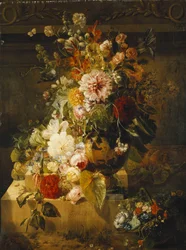 Roser, convolvuli, nelliker, stokkroser, peoner, syrin og andre blomster i en vase,