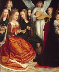 Jomfruen blant de hellige. Detalj av Saintes: Saint Dorothee, Saint Catherine, Saint Agnes, Saint Fausta. Maleri av Gerard David (1460-1523) Ec. Flamme.