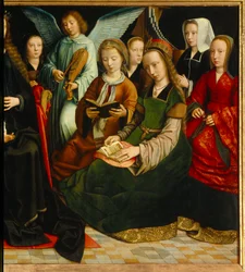 Jomfruen blant de hellige. Detalj av Saintes: Saint Apolline (eller Apollonia), Saint Godeline, Saint Cecile, Saint Barbe, Saint Lucia. Maleri av Gerard David (1460-1523)
