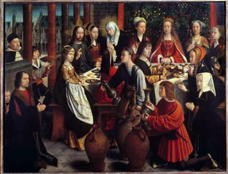 Bryllupet i Kana. Mirakelet der vann blir til vin under en bryllupsfest som Jesus og Maria er invitert til. Maleri av Gerard David (1460-1523). 1 x 1,28 m