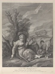 En landkvinne sittende i landskap med to gutter ved sin side, 1729-40.